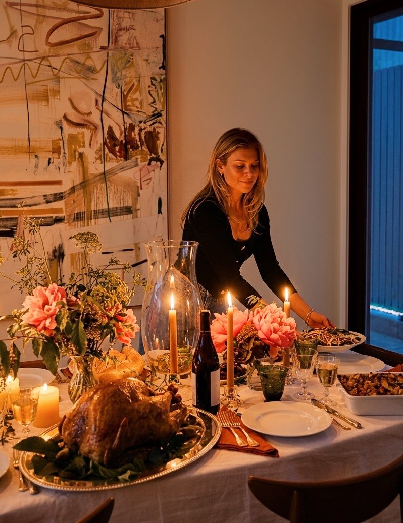 Lucy setting the Thanksgiving table by candlelight, the turkey on its platter and peonies down the cloth