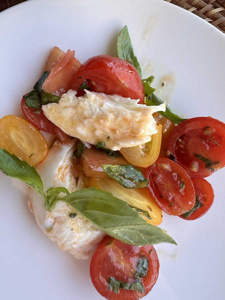 Sliced tomatoes and torn mozzarella with basil on a white plate