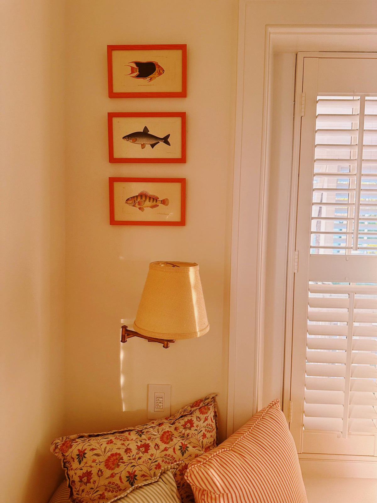 Three fish prints framed as a series above a lamp