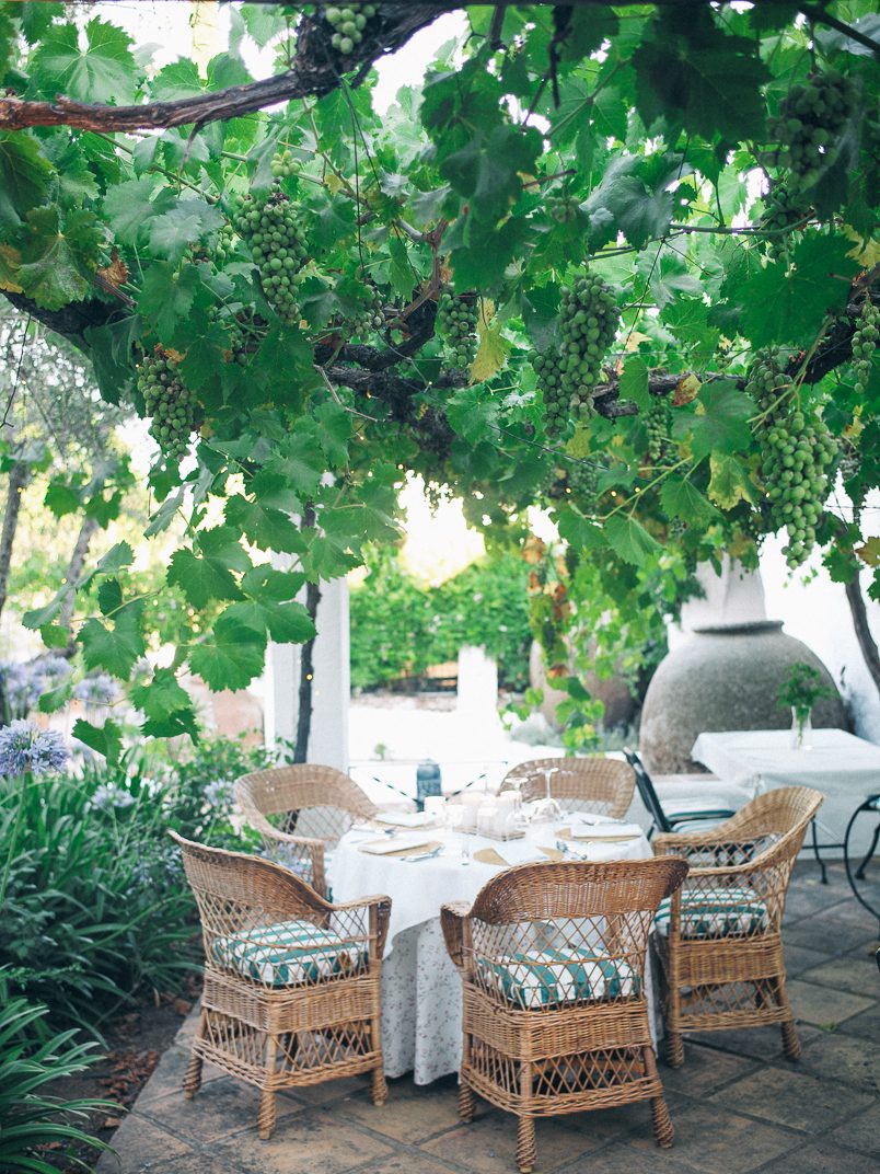 Tables and wicker chairs under a vine pergola in a whitewashed courtyard