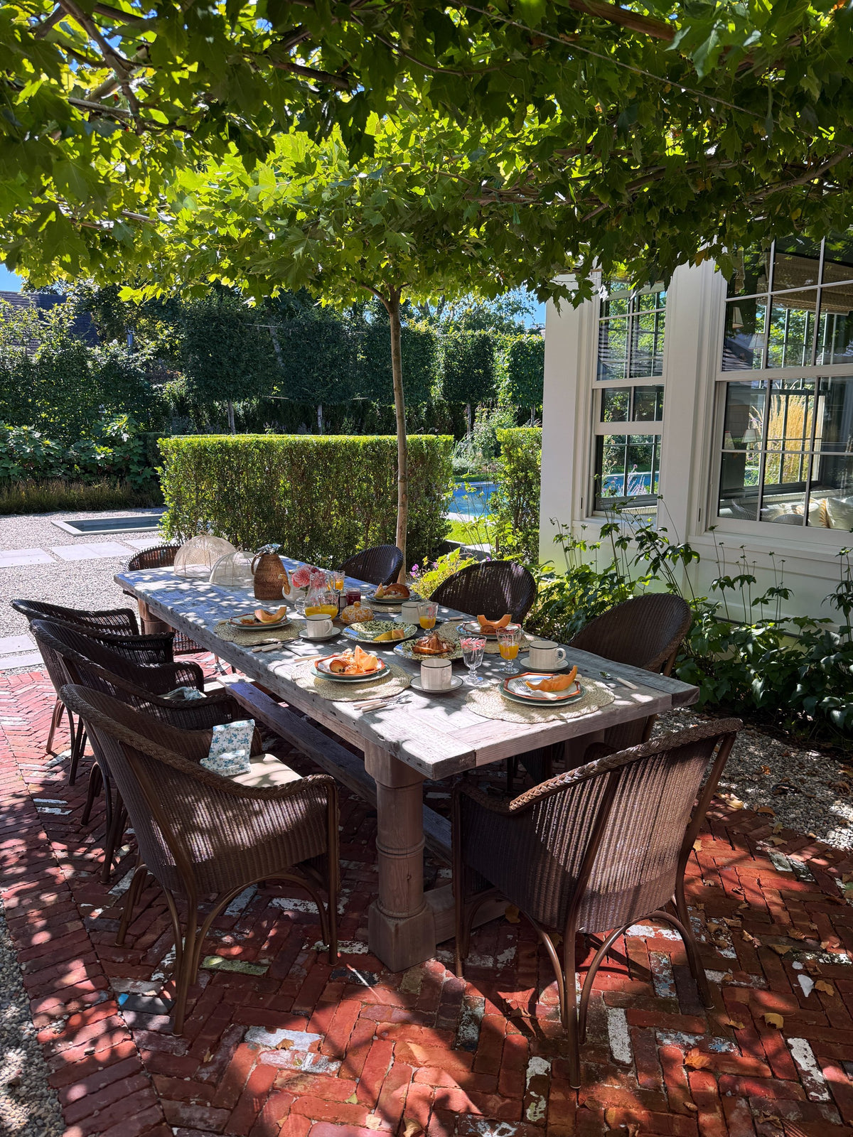 A table under the vine on the terrace, plates and glasses out