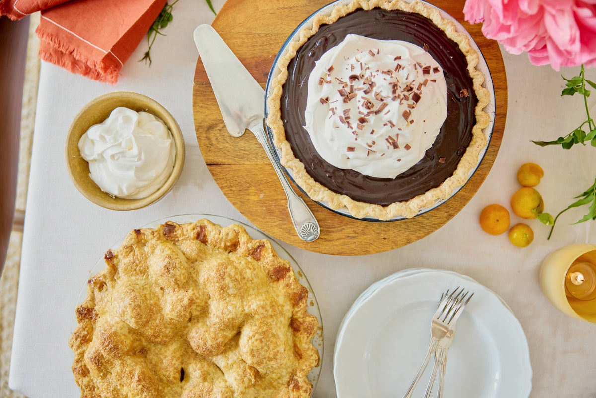 Apple pie and chocolate cream pie from above, the night before