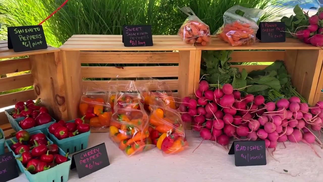 A farm stand with radishes, berries and hand-lettered chalk signs